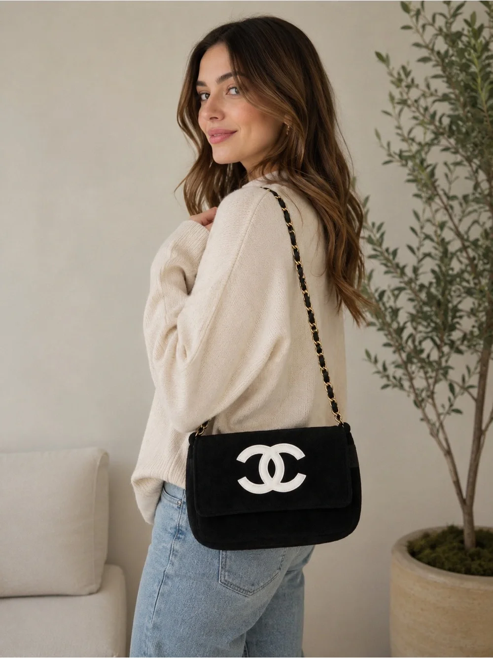 Chanel Precision Suede Flap Bag with White CC Logo